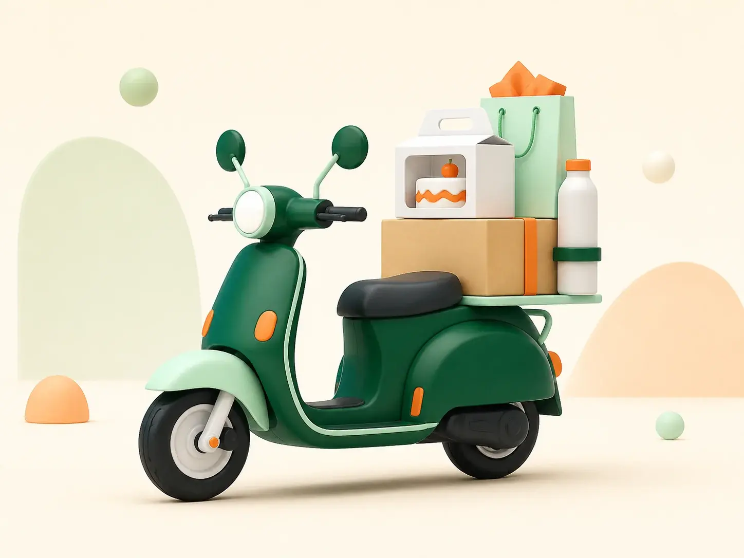 Illustration of a delivery scooter carrying a parcel, cake, gift and water