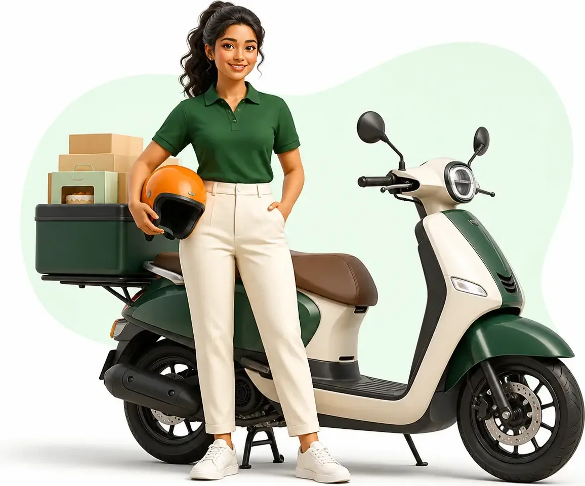 Illustration of a female delivery rider with a motorbike carrying parcels, cake, gifts and water