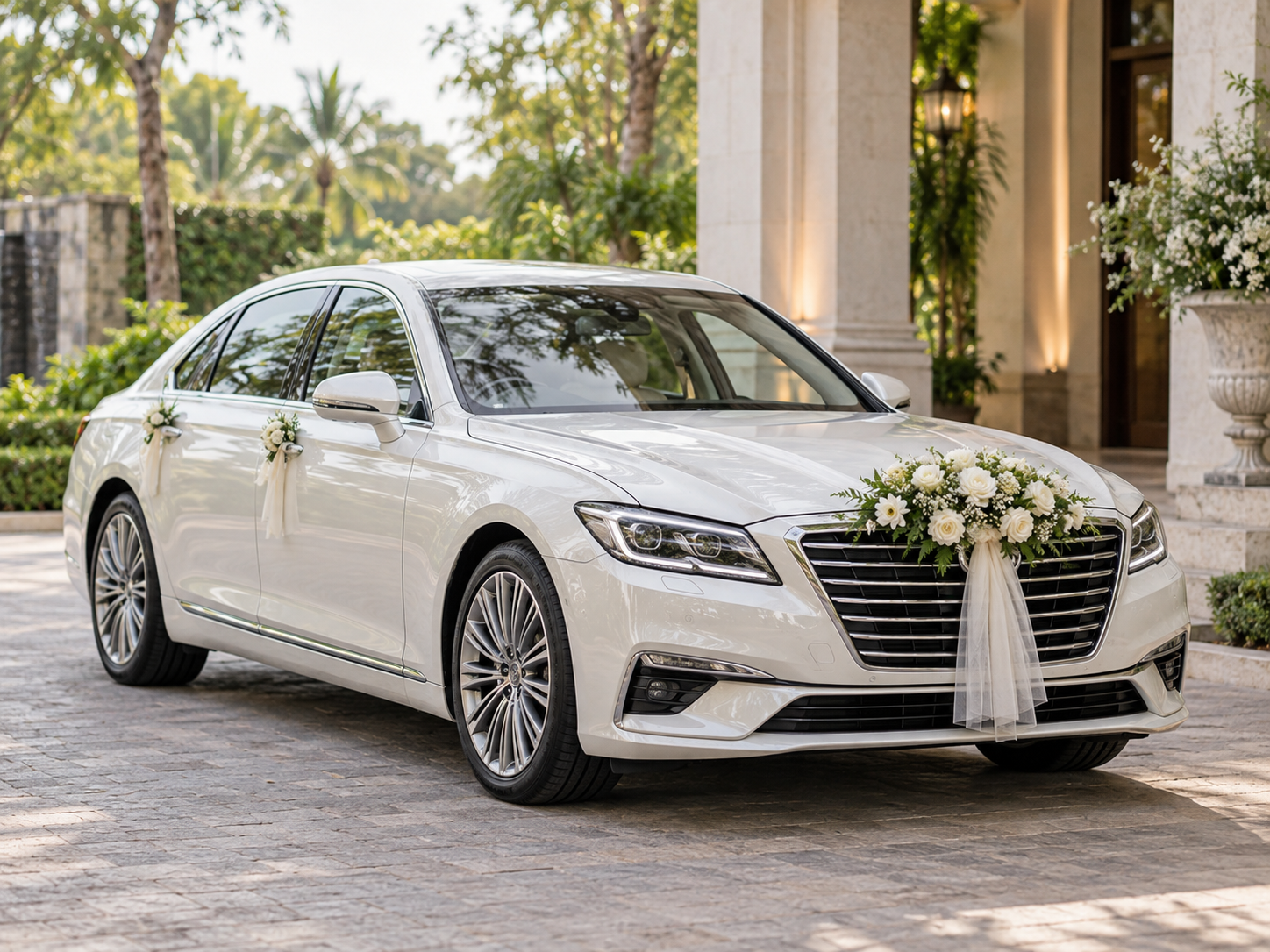 Elegant white wedding car with floral decoration at a venue